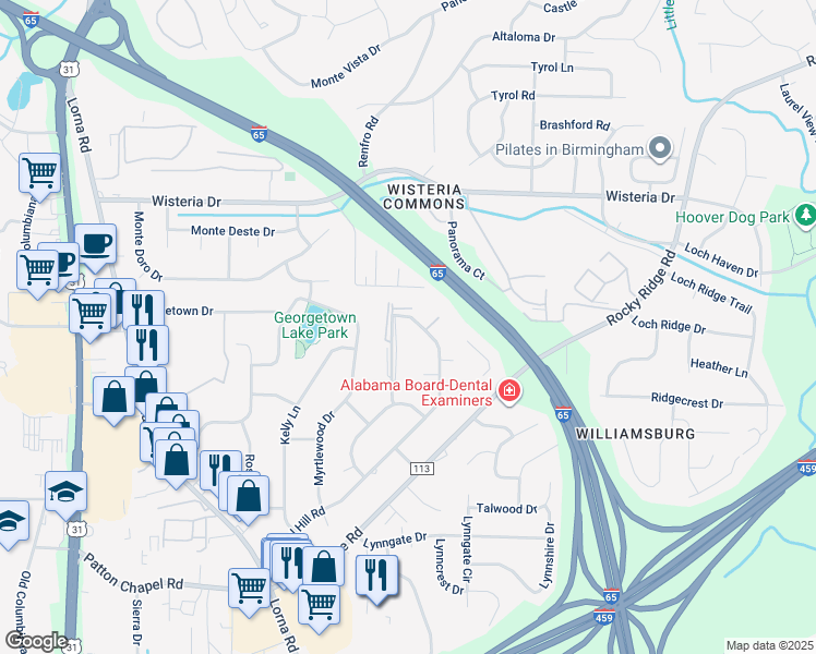 map of restaurants, bars, coffee shops, grocery stores, and more near 3203 Spring Aire Court in Hoover