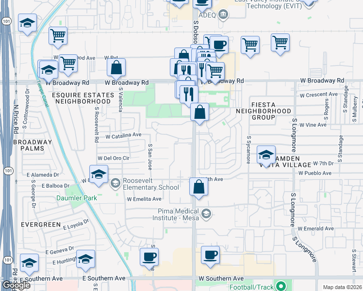 map of restaurants, bars, coffee shops, grocery stores, and more near 600 South Dobson Road in Mesa