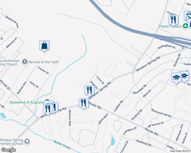 map of restaurants, bars, coffee shops, grocery stores, and more near 3413 Lucie Street in Augusta
