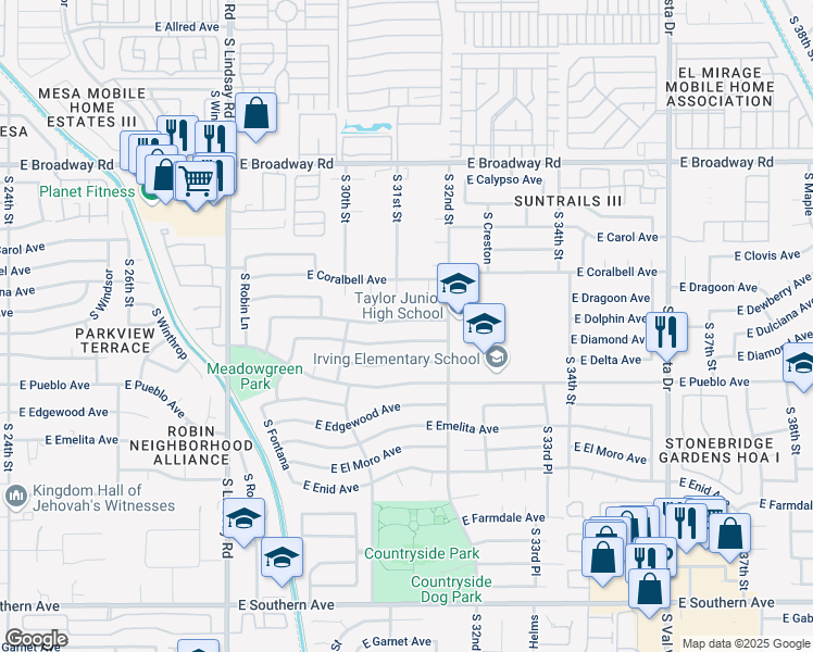 map of restaurants, bars, coffee shops, grocery stores, and more near 654 South Loma Vista Circle in Mesa