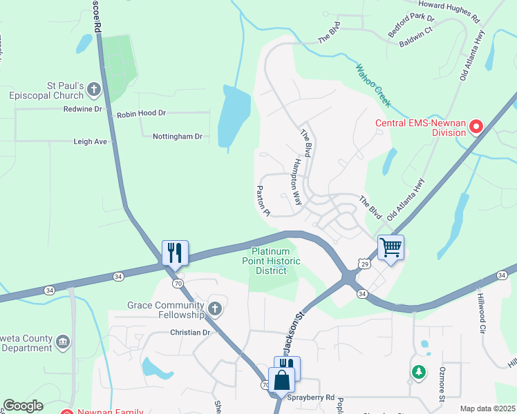 map of restaurants, bars, coffee shops, grocery stores, and more near 96 Paxton Place in Newnan