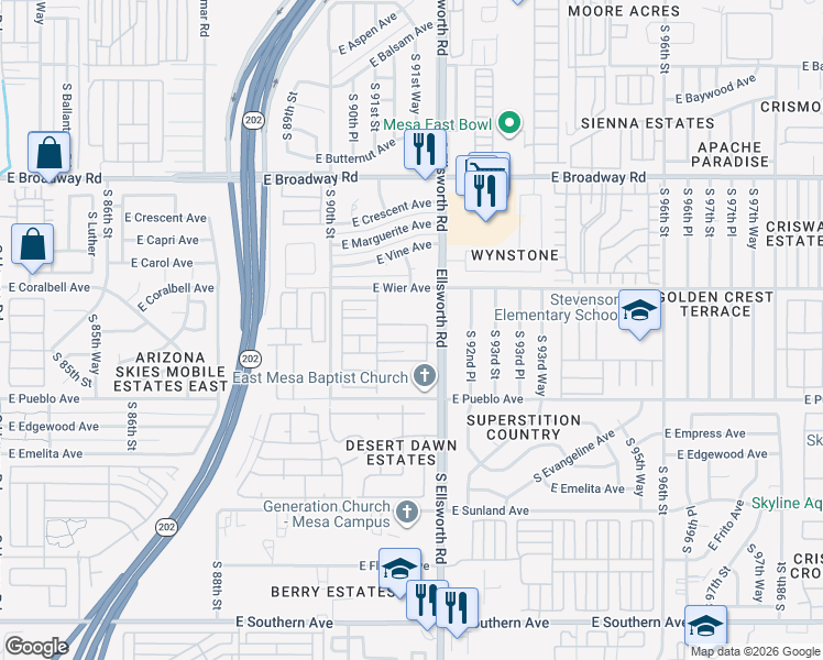 map of restaurants, bars, coffee shops, grocery stores, and more near in Mesa