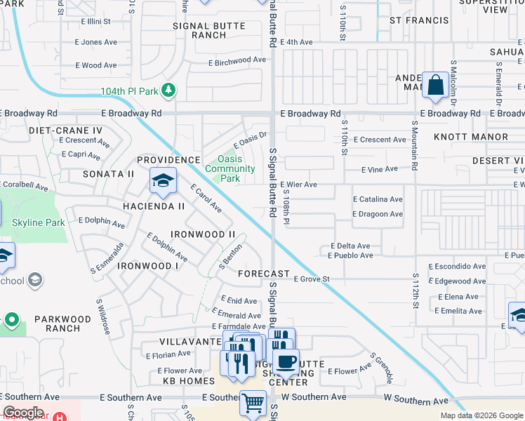 map of restaurants, bars, coffee shops, grocery stores, and more near 648 South Del Rancho in Mesa