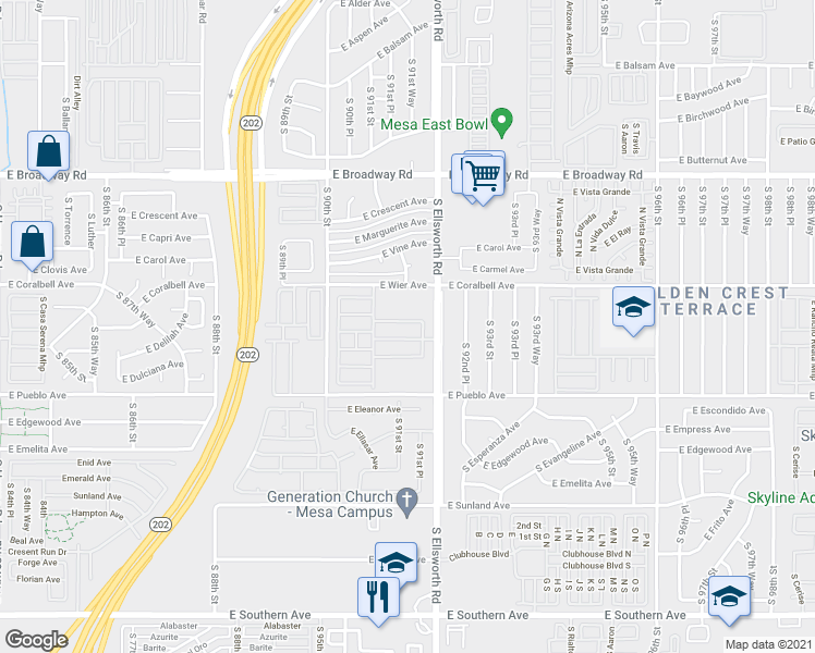 map of restaurants, bars, coffee shops, grocery stores, and more near in Mesa