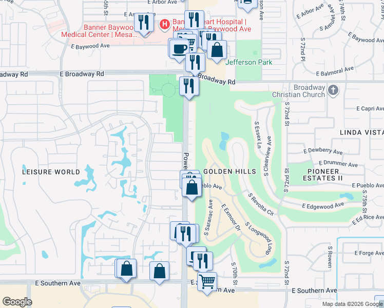 map of restaurants, bars, coffee shops, grocery stores, and more near 625 South Power Road in Mesa