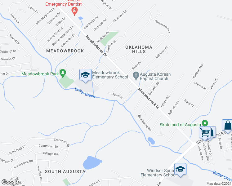 map of restaurants, bars, coffee shops, grocery stores, and more near 2727 Fawn Drive in Augusta