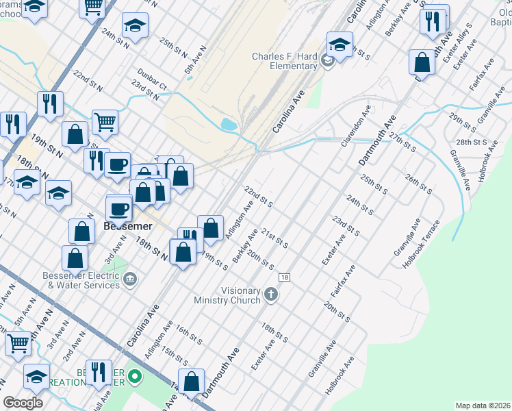 map of restaurants, bars, coffee shops, grocery stores, and more near 2200 22nd Street North in Bessemer