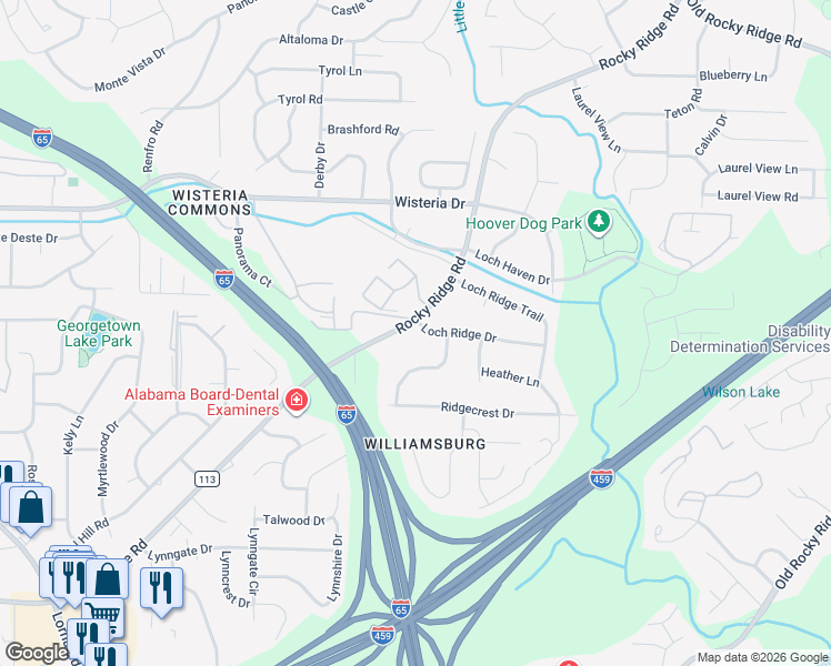 map of restaurants, bars, coffee shops, grocery stores, and more near 2263 Rocky Ridge Road in Hoover