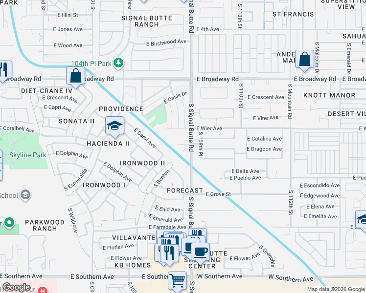 map of restaurants, bars, coffee shops, grocery stores, and more near 648 South Del Rancho in Mesa