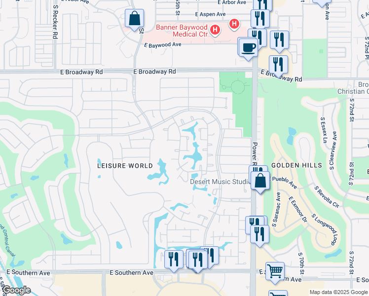 map of restaurants, bars, coffee shops, grocery stores, and more near 615 Leisure World in Mesa