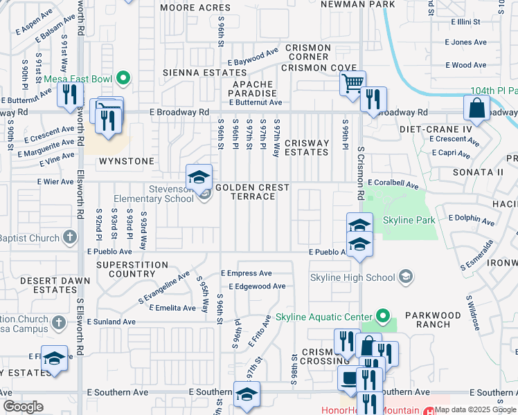 map of restaurants, bars, coffee shops, grocery stores, and more near 625 South 97th Place in Mesa