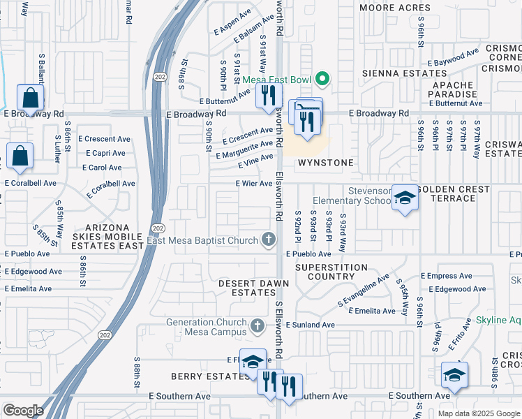 map of restaurants, bars, coffee shops, grocery stores, and more near in Mesa
