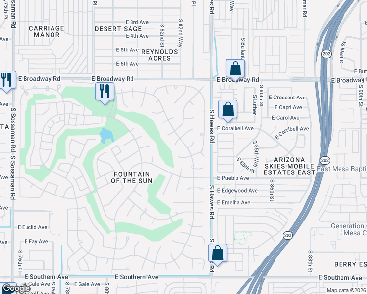 map of restaurants, bars, coffee shops, grocery stores, and more near 8251 East Dutchman Drive in Mesa