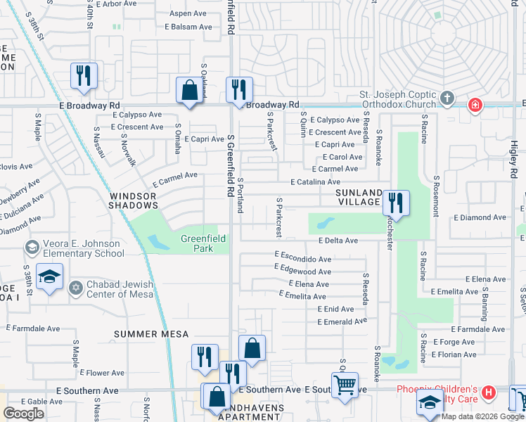 map of restaurants, bars, coffee shops, grocery stores, and more near 4443 East Dragoon Avenue in Mesa
