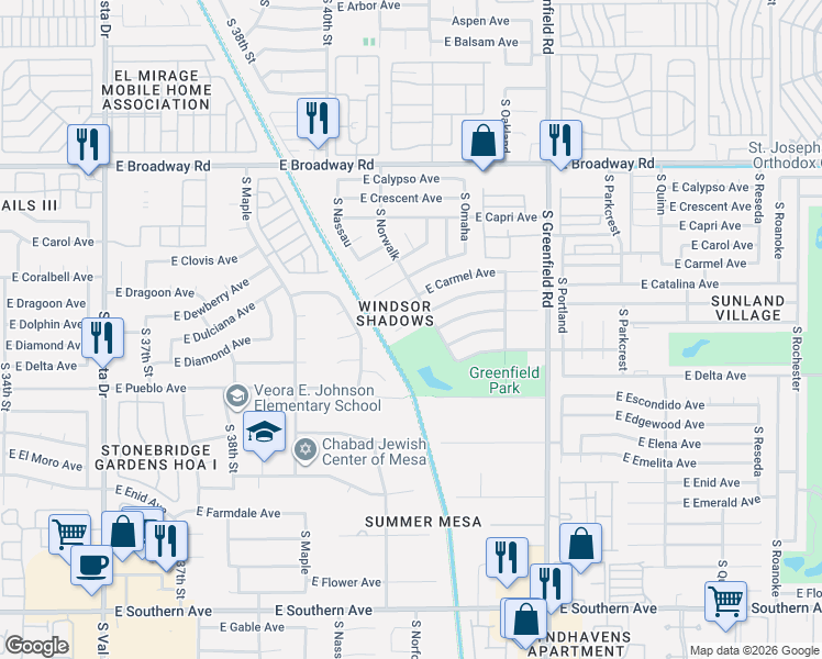 map of restaurants, bars, coffee shops, grocery stores, and more near 4025 East Carmel Circle in Mesa