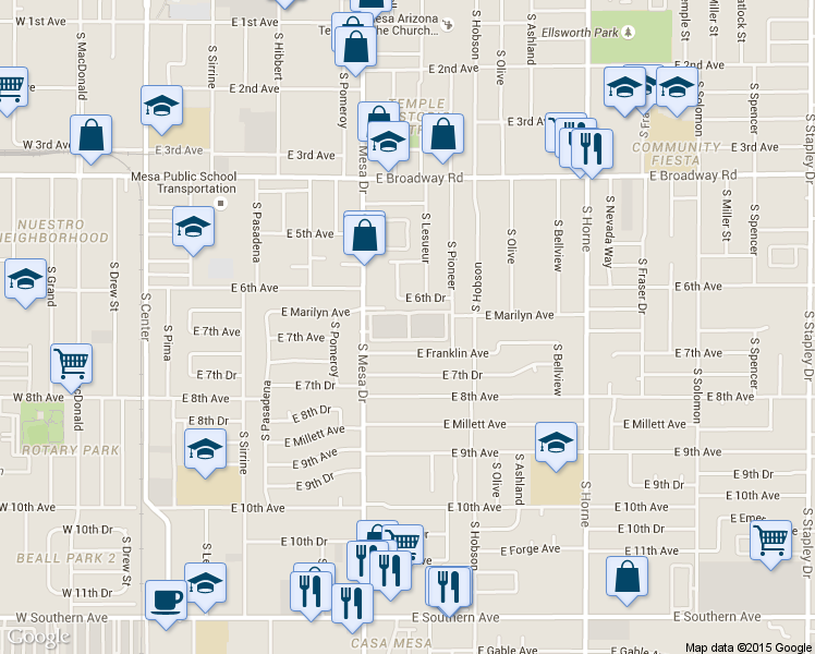 map of restaurants, bars, coffee shops, grocery stores, and more near 505 East 6th Drive in Mesa