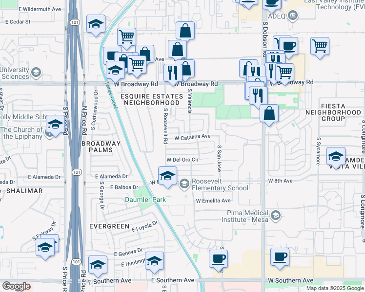map of restaurants, bars, coffee shops, grocery stores, and more near 2320 West Catalina Avenue in Mesa