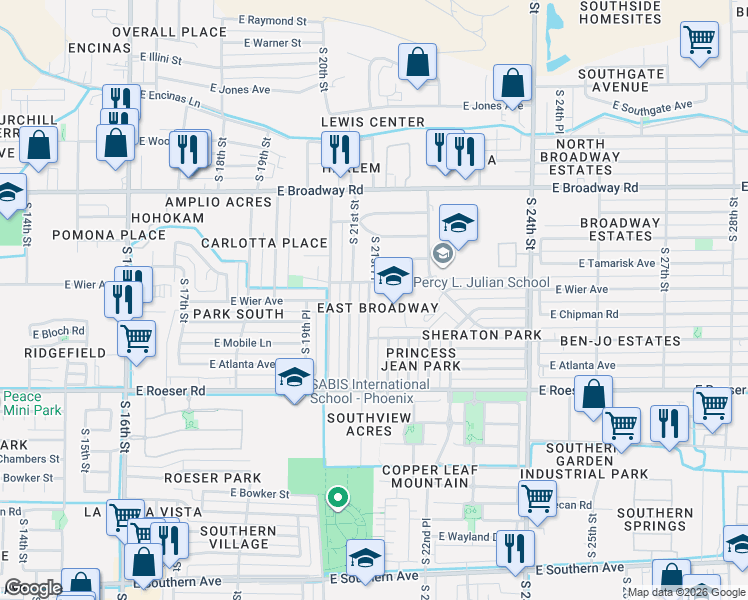 map of restaurants, bars, coffee shops, grocery stores, and more near 4801 South 21st Street in Phoenix