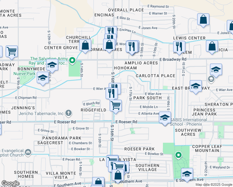 map of restaurants, bars, coffee shops, grocery stores, and more near 1610 East Wier Avenue in Phoenix