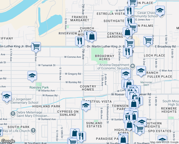 map of restaurants, bars, coffee shops, grocery stores, and more near 4643 South 7th Avenue in Phoenix