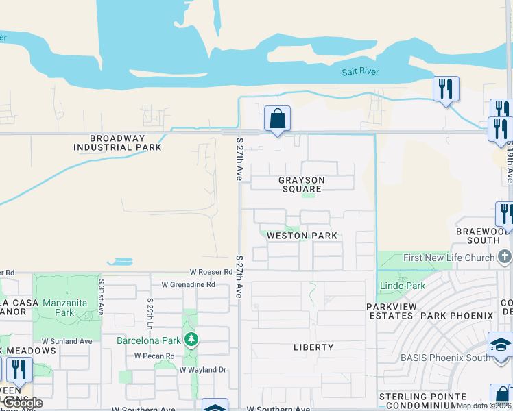 map of restaurants, bars, coffee shops, grocery stores, and more near 4712 South 26th Lane in Phoenix