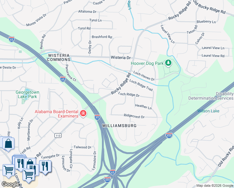 map of restaurants, bars, coffee shops, grocery stores, and more near 2263 Rocky Ridge Road in Hoover