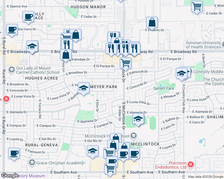 map of restaurants, bars, coffee shops, grocery stores, and more near 2313 South Butte Avenue in Tempe