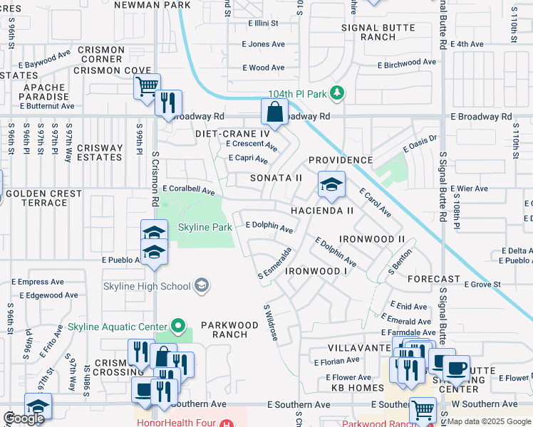 map of restaurants, bars, coffee shops, grocery stores, and more near 10305 East Dragoon Avenue in Mesa