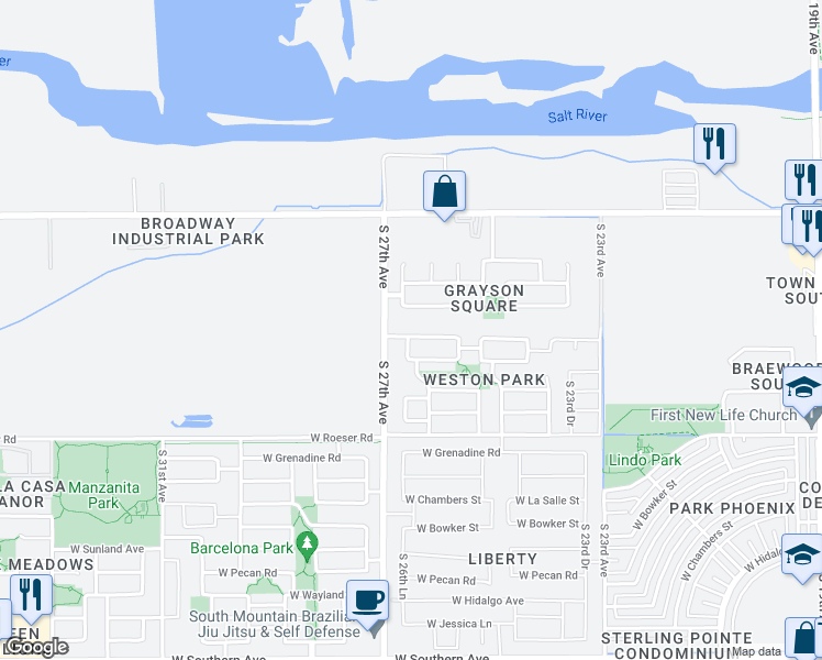 map of restaurants, bars, coffee shops, grocery stores, and more near 2626 West Spencer Run in Phoenix