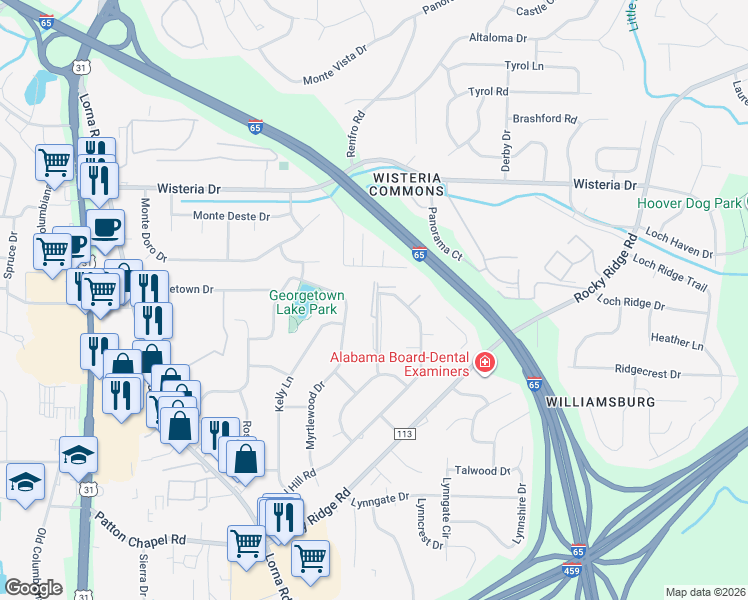 map of restaurants, bars, coffee shops, grocery stores, and more near 3286 Warringwood Drive in Hoover