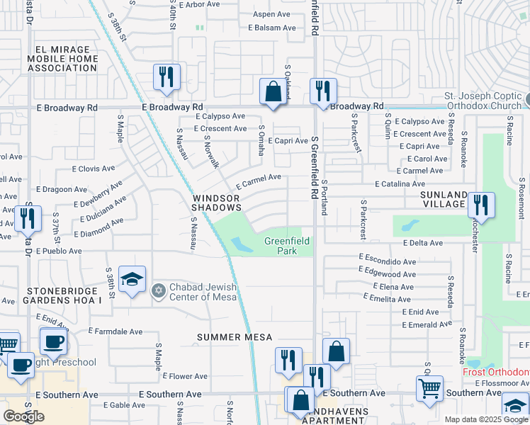 map of restaurants, bars, coffee shops, grocery stores, and more near 4154 East Dolphin Avenue in Mesa