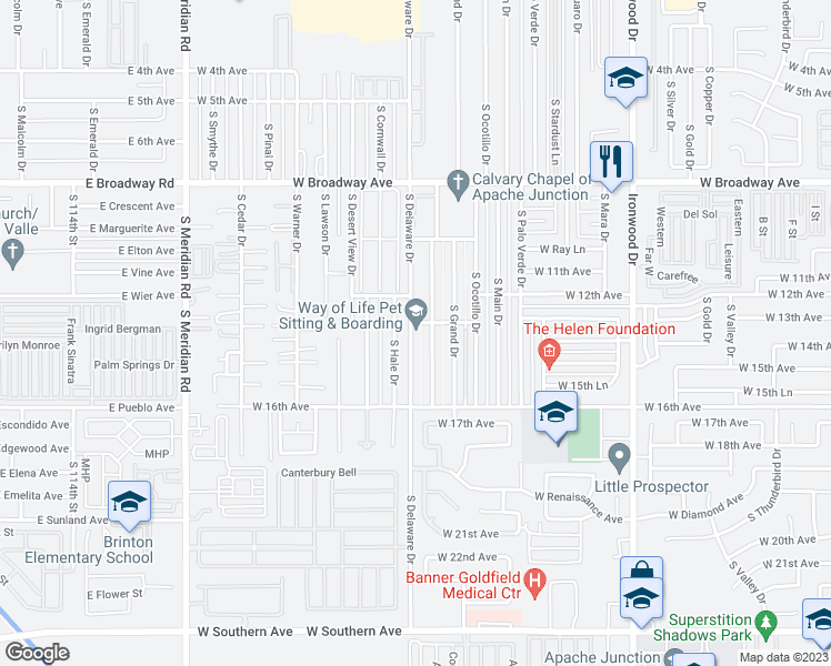 map of restaurants, bars, coffee shops, grocery stores, and more near 1337 South Delaware Drive in Apache Junction