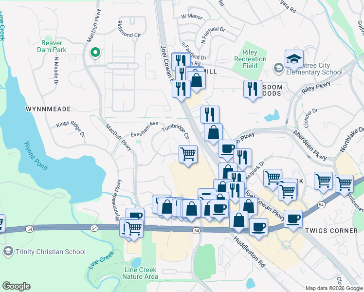 map of restaurants, bars, coffee shops, grocery stores, and more near 146 Saint Albans Way in Peachtree City