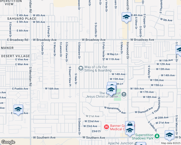 map of restaurants, bars, coffee shops, grocery stores, and more near 1285 South Grand Drive in Apache Junction