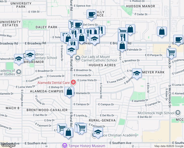 map of restaurants, bars, coffee shops, grocery stores, and more near 1044 East Broadmor Drive in Tempe