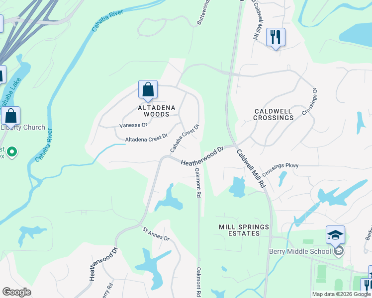 map of restaurants, bars, coffee shops, grocery stores, and more near 2998 Wedgewood Circle in Birmingham