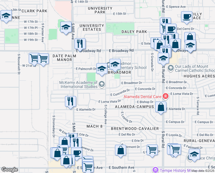 map of restaurants, bars, coffee shops, grocery stores, and more near 2305 South College Avenue in Tempe