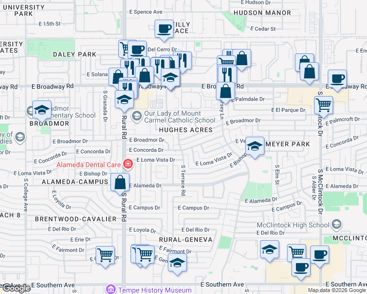 map of restaurants, bars, coffee shops, grocery stores, and more near 1107 East Broadmor Drive in Tempe