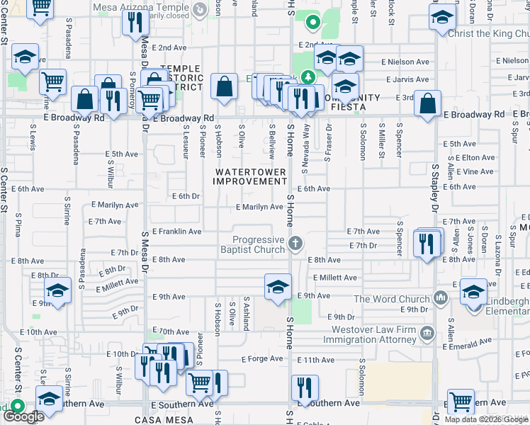 map of restaurants, bars, coffee shops, grocery stores, and more near 708 East Marilyn Avenue in Mesa