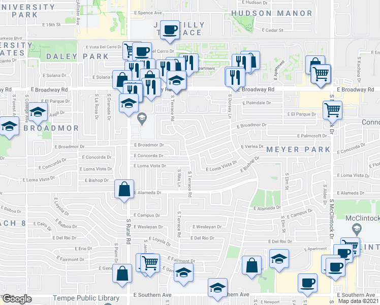 map of restaurants, bars, coffee shops, grocery stores, and more near 1107 East Broadmor Drive in Tempe
