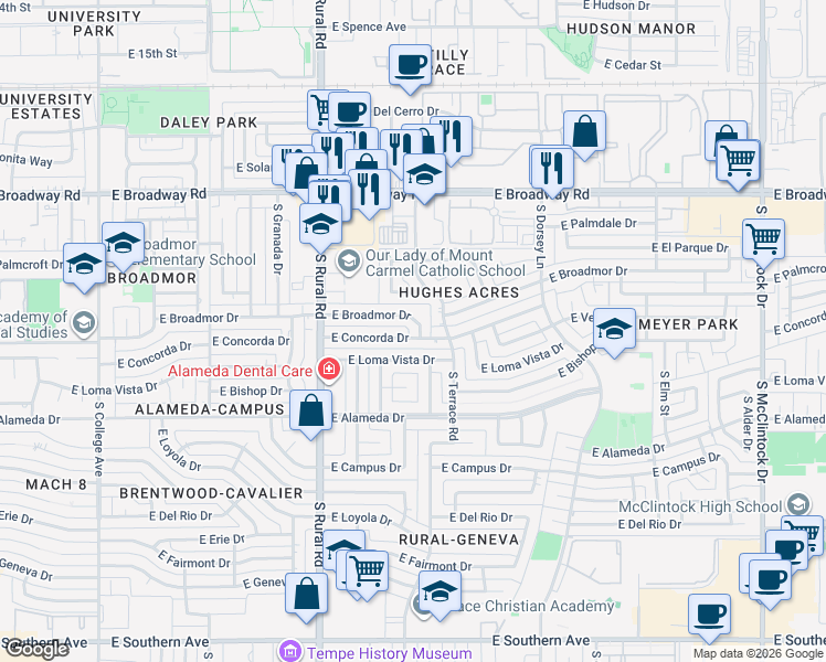 map of restaurants, bars, coffee shops, grocery stores, and more near 1044 East Broadmor Drive in Tempe