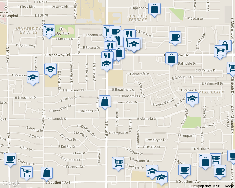 map of restaurants, bars, coffee shops, grocery stores, and more near 912 East Broadmor Drive in Tempe