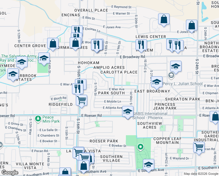 map of restaurants, bars, coffee shops, grocery stores, and more near 4643 South 17th Way in Phoenix