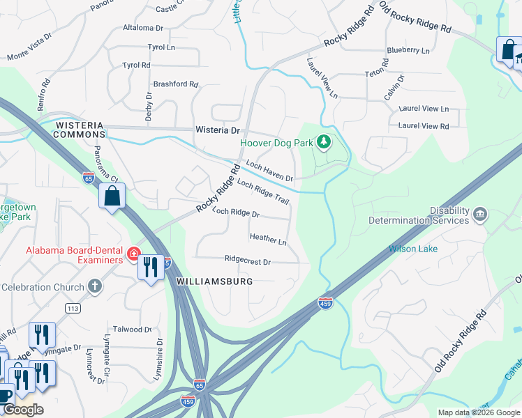 map of restaurants, bars, coffee shops, grocery stores, and more near 3434 Loch Ridge Trail in Birmingham