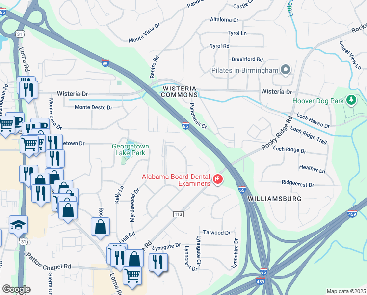 map of restaurants, bars, coffee shops, grocery stores, and more near 3317 Woodley Court in Hoover