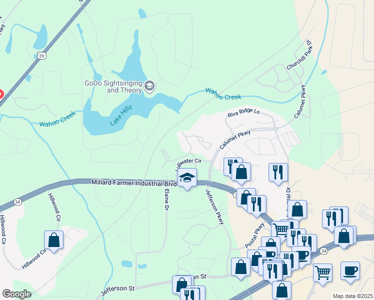 map of restaurants, bars, coffee shops, grocery stores, and more near 319 Lullwater Circle in Newnan