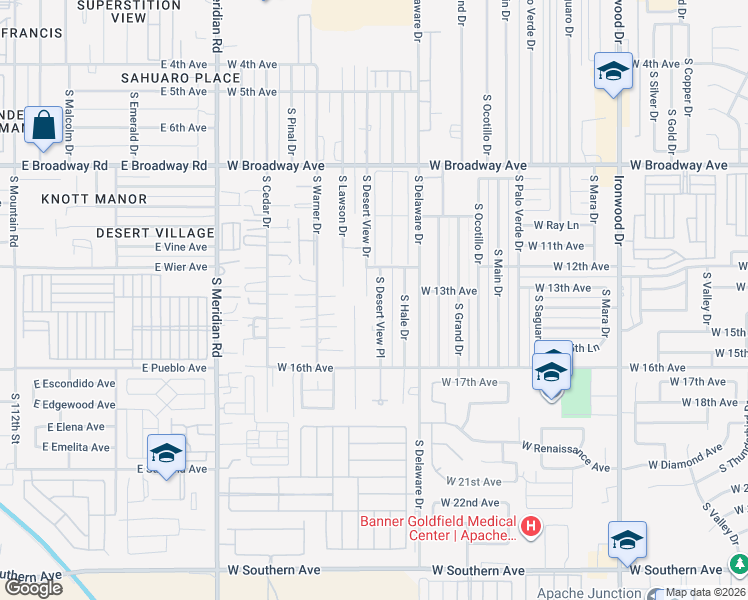 map of restaurants, bars, coffee shops, grocery stores, and more near 1256 South Desert View Drive in Apache Junction