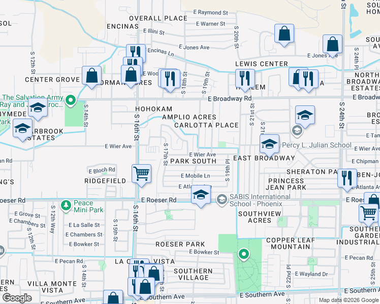 map of restaurants, bars, coffee shops, grocery stores, and more near 4643 South 17th Way in Phoenix