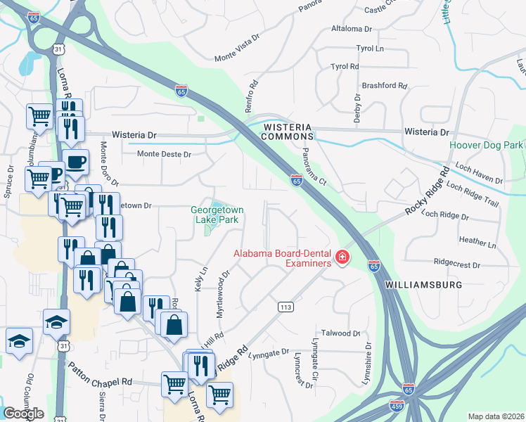 map of restaurants, bars, coffee shops, grocery stores, and more near 2217 Myrtlewood Drive in Birmingham