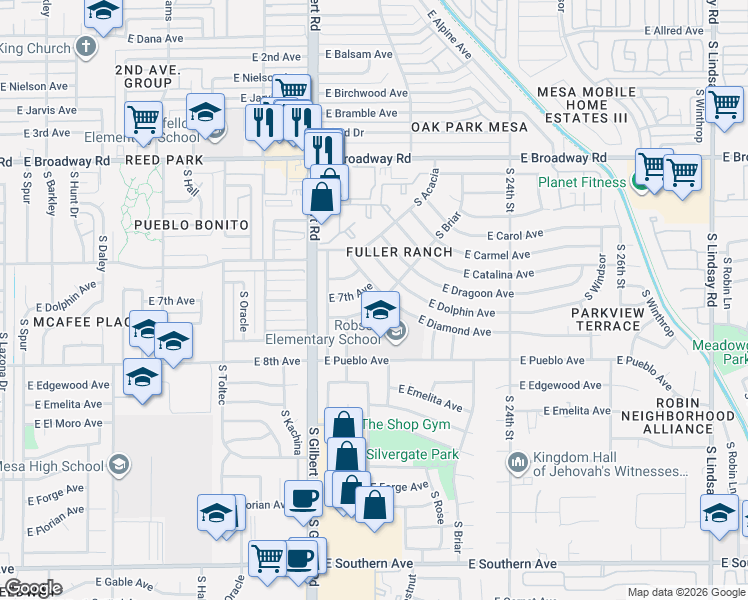 map of restaurants, bars, coffee shops, grocery stores, and more near 2062 East 7th Avenue in Mesa